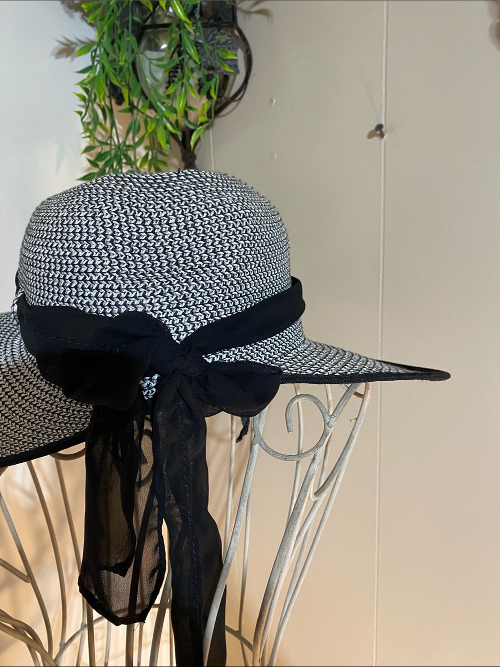 San Diego Hat Company Black and White Wide Brim Straw Hat with Black Ribbon